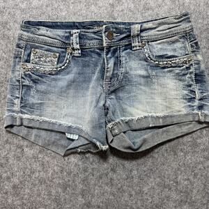 Shyanne Shorts Womens 27 Blue Denim Distressed Frayed Rhinestone Pockets Western